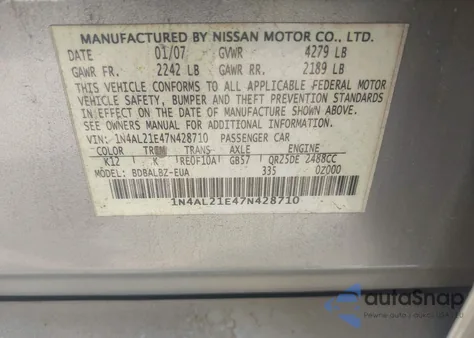 2007 Nissan Altima 2.5 S z USA, uszkodzony, nr VIN 1N4AL21E47N428710